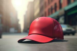 AI generated Trucker red cap mockup concept. Generate ai photo
