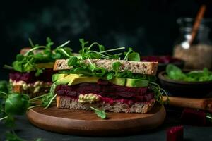 AI generated Vegan sandwich beetroot meal board. Generate Ai photo