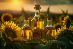 AI generated Sunflower oil bottles in flower field. Generate ai photo
