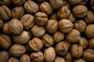 AI generated Walnut whole nut background top view. Generate Ai photo