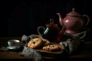 ai generado tetera con galletas en de madera tablero todavía vida. generar ai foto