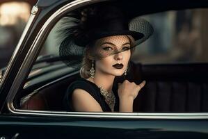 AI generated Retro black dressed woman in vintage car. Generate ai photo