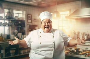 AI generated Delighted overweight female chef cook. Generate ai photo