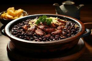 ai generado feijoada servido en un arcilla cuenco en un rústico de madera mesa. brasileño cocina foto