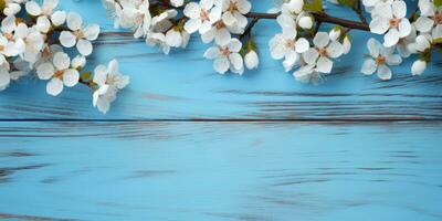 AI generated Spring background with white flowers on wooden background. photo