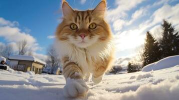 ai generado gato caminando en nieve foto