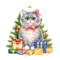 AI generated Watercolor cat with a bow in winter for Christmas festival on transparent background png