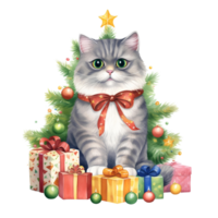 AI generated Watercolor cat with a bow in winter for Christmas festival on transparent background png