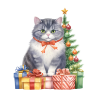 AI generated Watercolor cat with a bow in winter for Christmas festival on transparent background png