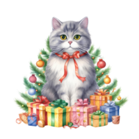 ai generato acquerello gatto con un' arco nel inverno per Natale Festival su trasparente sfondo png