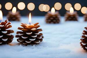 AI generated three red candles are lit in the snow photo