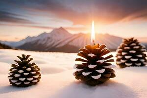 ai generado Tres rojo velas son iluminado en el nieve foto