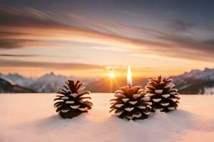 ai generado Tres rojo velas son iluminado en el nieve foto