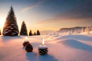 ai generado un pino cono con un vela en el nieve foto