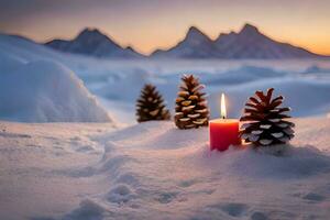 AI generated three red candles are lit in the snow photo