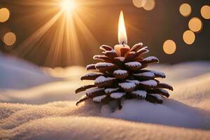 ai generado un pino cono con un vela en el nieve foto