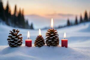 ai generado Tres rojo velas son iluminado en el nieve foto