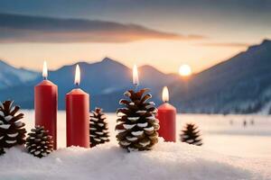 ai generado Tres rojo velas son iluminado en el nieve foto