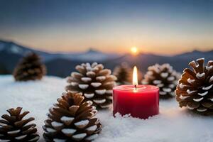 AI generated three red candles are lit in the snow photo