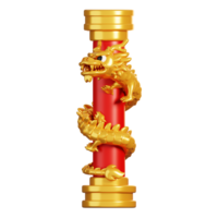 Cartoon golden Chinese dragon on pole. Chinese new year elements icon. 3D rendering png