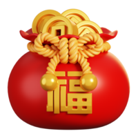 kinesisk tur- pengar väska. kinesisk ny år element ikon. 3d tolkning png