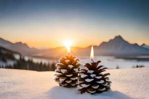 AI generated three red candles are lit in the snow photo