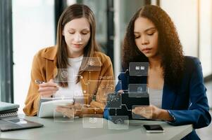 Two Woman using chat bot in smartphone intelligence Ai. Chat with AI Artificial Intelligence, developed by OpenAI generate. robot in online system. photo
