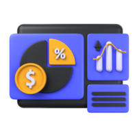 Investition Diagramm von 3d Illustration. Investition 3d Konzept. Dollar mit Kuchen Diagramm und Rohr, über Bildschirm und Liste. 3d machen png