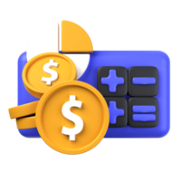 financial calculation of 3d illustration. Investment 3D Concept. dollar coin and pie chart in front of calculating calculator. 3d render png