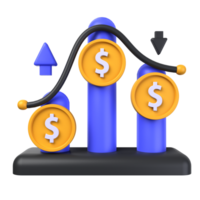 fluctuatie van 3d illustratie. investering 3d concept. dollar munt in voorkant van buis diagram met diagram lijnen en omhoog en naar beneden tekens. 3d geven png