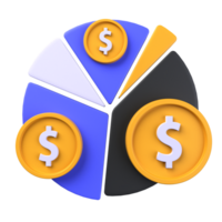 Anlagegut Zuweisung von 3d Illustration. Investition 3d Konzept. das Dollar im Vorderseite von das Kuchen Diagramm ist geteilt durch fünf. 3d machen png