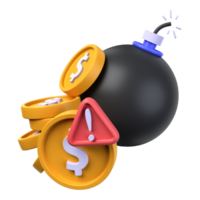 investissement risque de 3d illustration. investissement 3d concept. une noir embrasé bombe avec une or dollar pièce de monnaie et un exclamation point pour avertir. 3d rendre png