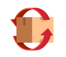 red arrow rotates around parcel box or cardboard box to represent recycling of paper or to signify that parcel box is being returned to sender ,png 3d transparent png