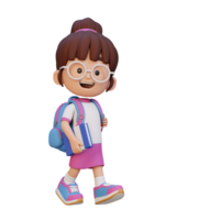 3D happy girl character walking go to school holding book png
