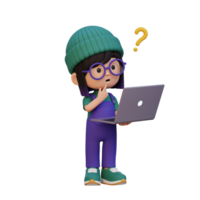 3D cute girl character confused on a laptop png