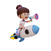 3D girl character riding a rocket and holding megaphone png