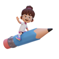 3d niña personaje montando un lápiz y ondulación mano png