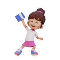 3D happy girl character holding book png