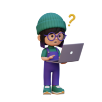 3D cute girl character confused on a laptop png