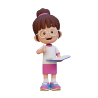 3D happy girl character reading book png