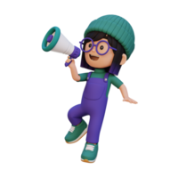 3D cute girl Character jumping and talking on Megaphone png