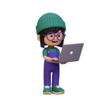 3D girl Character working on a Laptop png