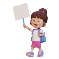 3D girl character holding a blank placard png