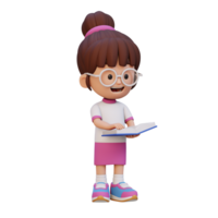 3D happy girl character reading book png