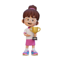 3D girl character celebrating win holding a trophy png