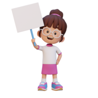 3D girl character holding a blank placard png