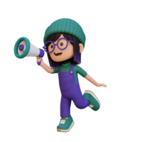 3D cute girl Character jumping and talking on Megaphone png