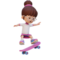 3d niña personaje paseo patineta png