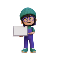 3D girl Character Holding and Presenting to a Laptop with Empty Screen png