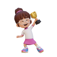 3D girl character celebrating win holding a trophy png